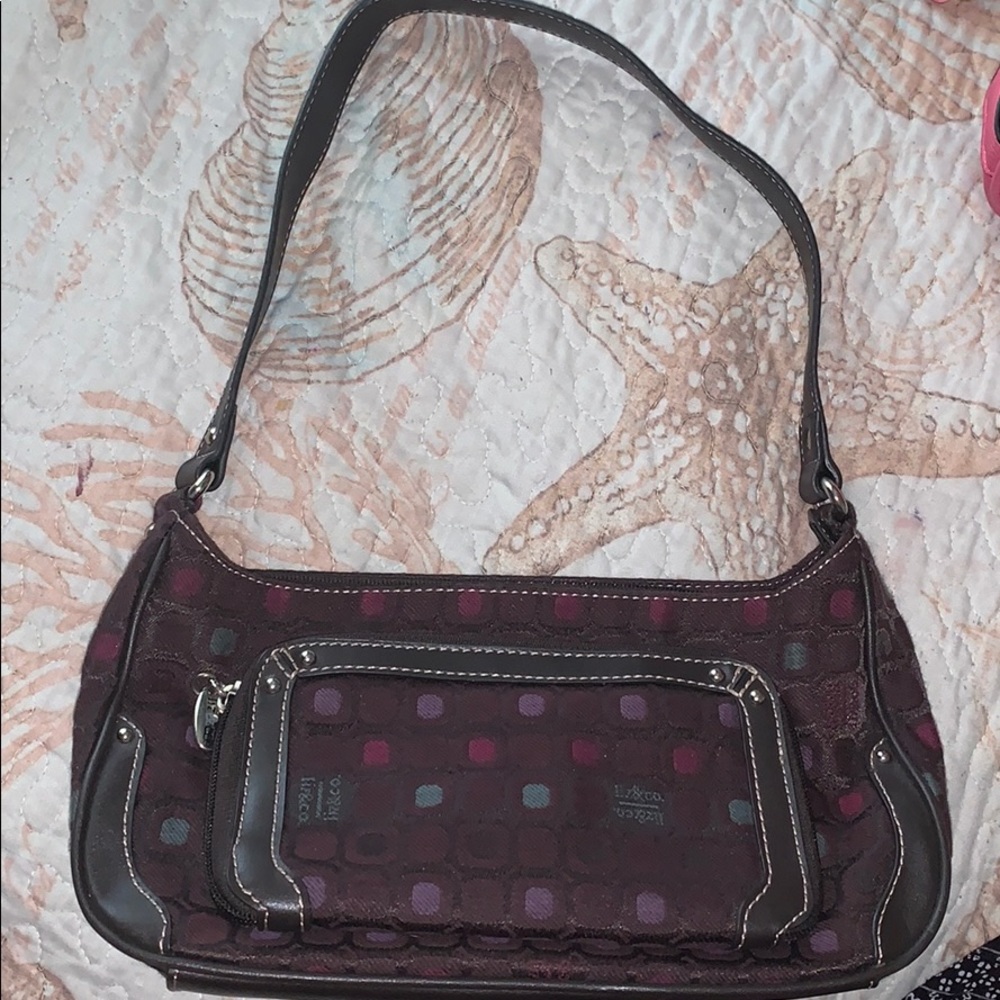 Liz&co. Purple purse with multiple block colors.